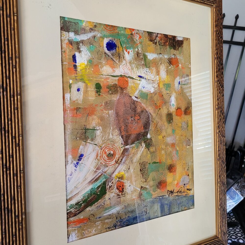 Strutting original abstract painting framed matted in glass signed by artist